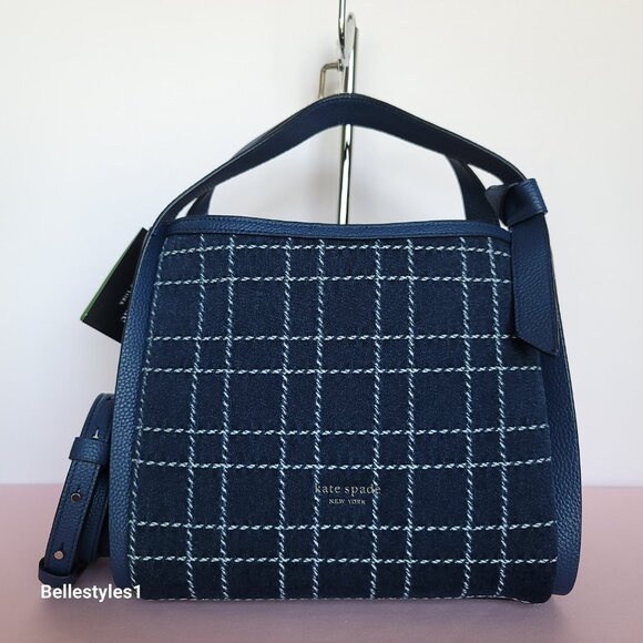 KATE SPADE Knott MEDIUM Denim Check & Leather Crossbody Tote- Indigo Multi⭐ - Picture 6 of 16